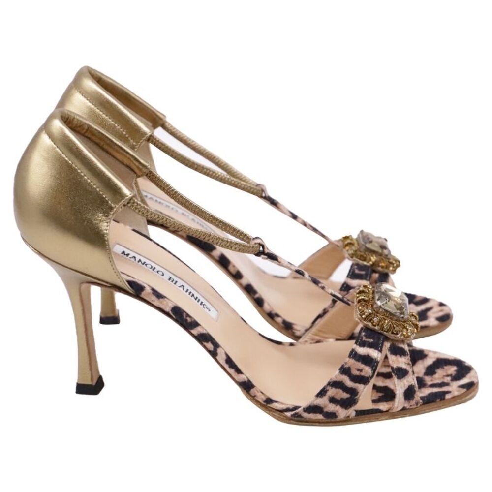 Manolo Blahnik Drina Leopard Crystal-Embellished Sandal Heels in Gold Leather